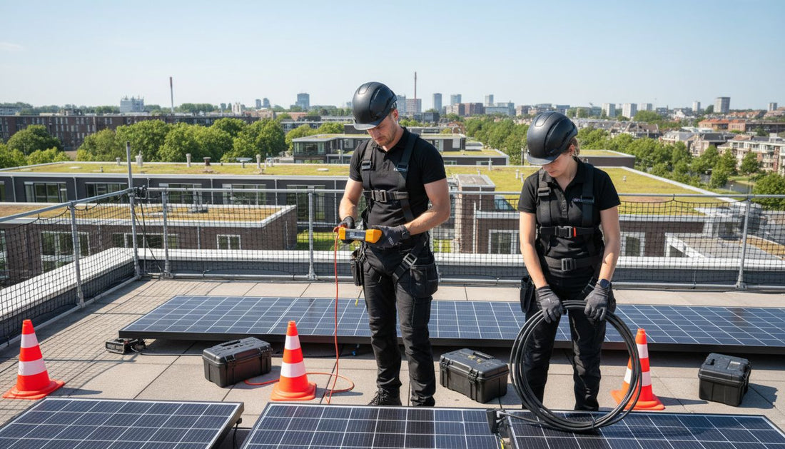 Installateurs plaatsen veilige zonnepanelen op dakterras