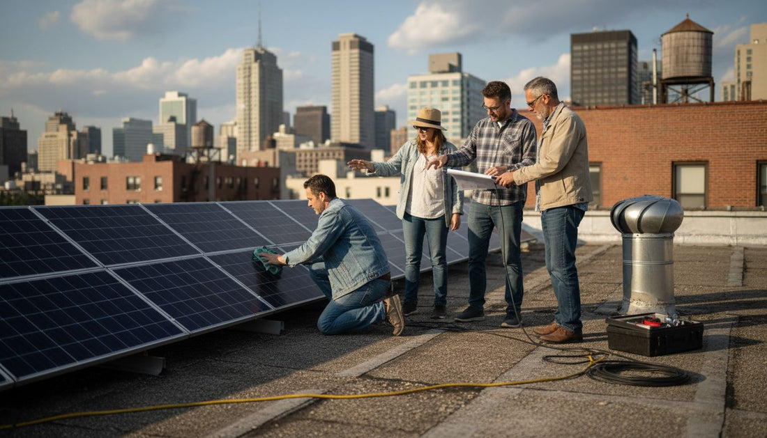 Neighbors examining rooftop solar panel installation