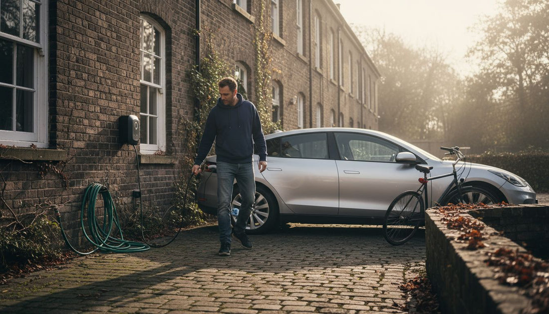 Man safely connecting car to home charging station