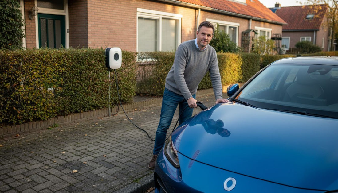 Man plugt elektrische auto in laadpaal op oprit