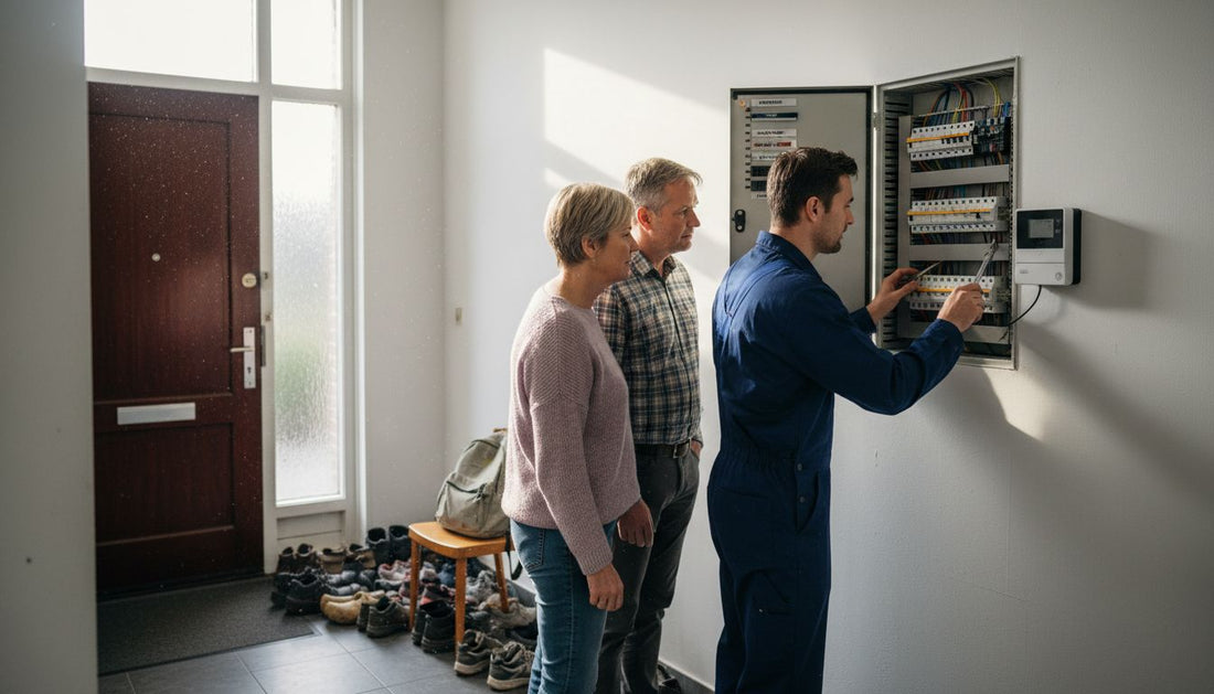Woning met gezin en elektricien bij groepenkast