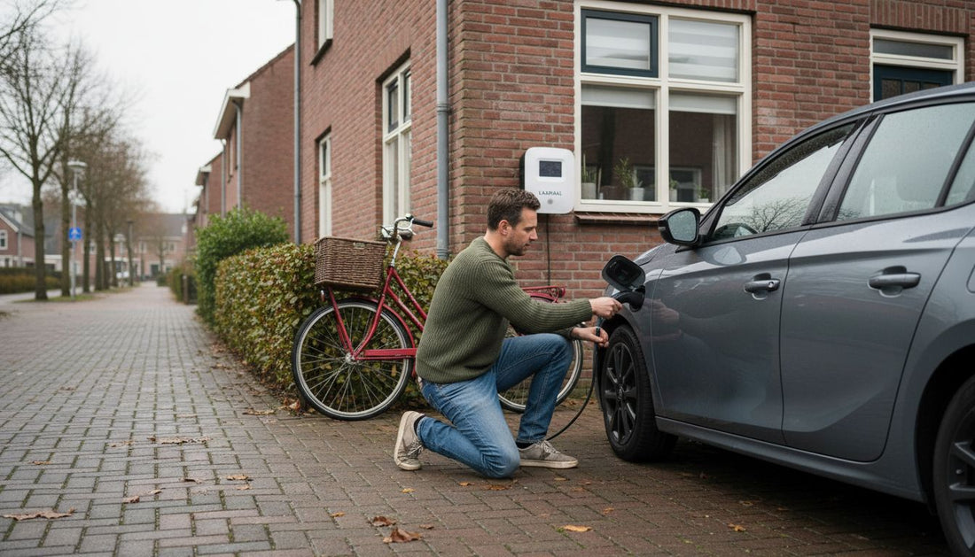 Een man is bezig om een laadpaal voor zijn elektrische auto te installeren op de oprit van zijn huis.