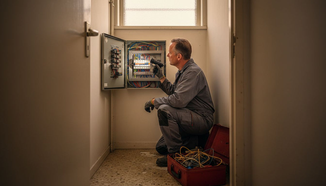 Een elektricien controleert de groepenkast in de meterkast op de gang.