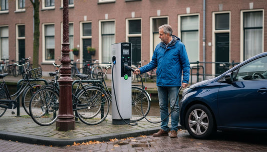 Man sluit zijn elektrische auto aan bij een openbare laadpaal