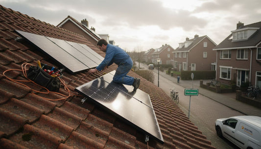 Een installateur plaatst een hybride zonnepaneel op het dak van een woning.