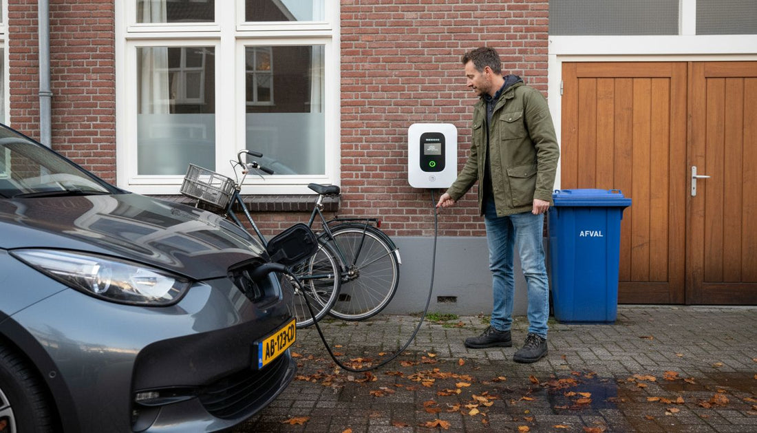 Een man sluit zijn elektrische auto aan op een slimme laadpaal bij hem thuis.
