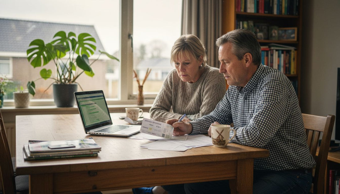 Een stel dat samen de energierekeningen van hun huis bekijkt.