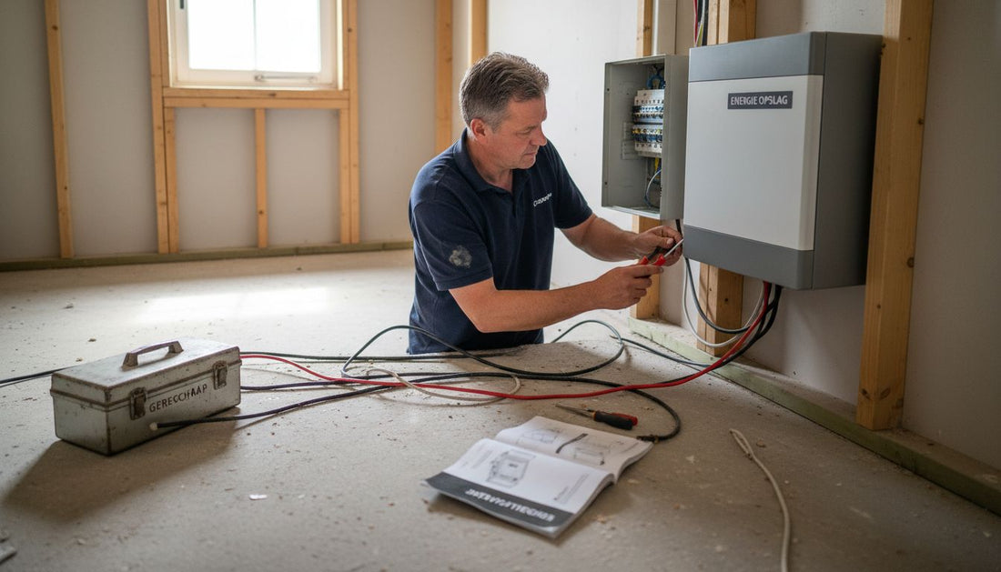 Een monteur is bezig met het installeren van een thuisbatterij.