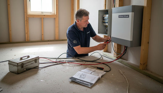 Een monteur is bezig met het installeren van een thuisbatterij.