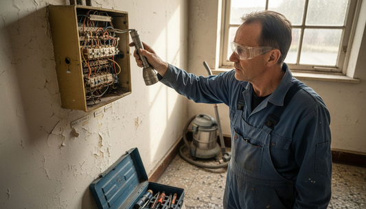 Een elektricien bekijkt een ouderwetse groepenkast in een Nederlands huis.