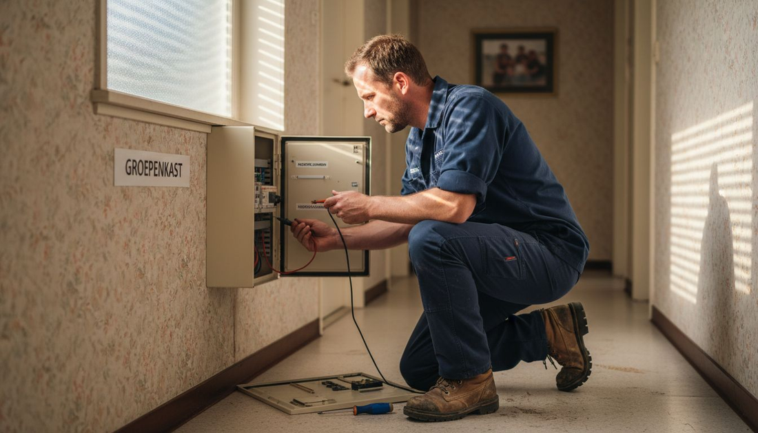 Een elektricien controleert de meterkast om te kijken of alles veilig is aangesloten.