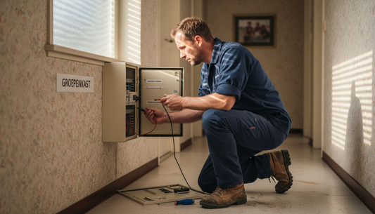Een elektricien controleert de meterkast om te kijken of alles veilig is aangesloten.
