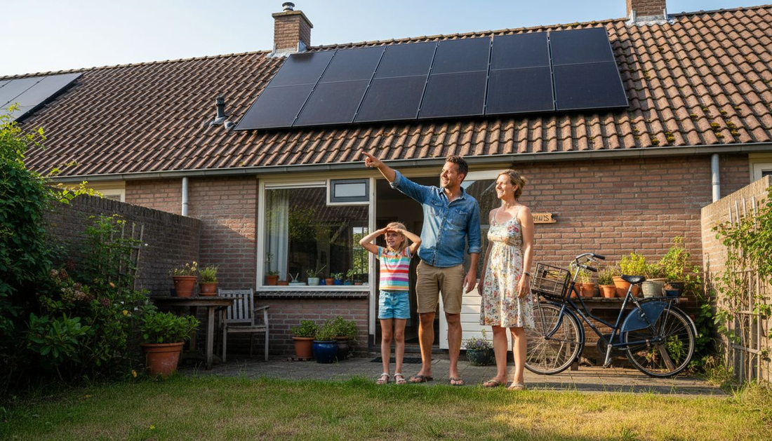 Een gezin bewondert de zonnepanelen die onlangs op hun dak zijn geplaatst.