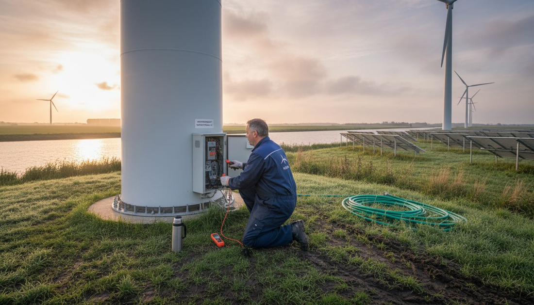Een monteur die aan het werk is tussen de windmolens en zonnepanelen.
