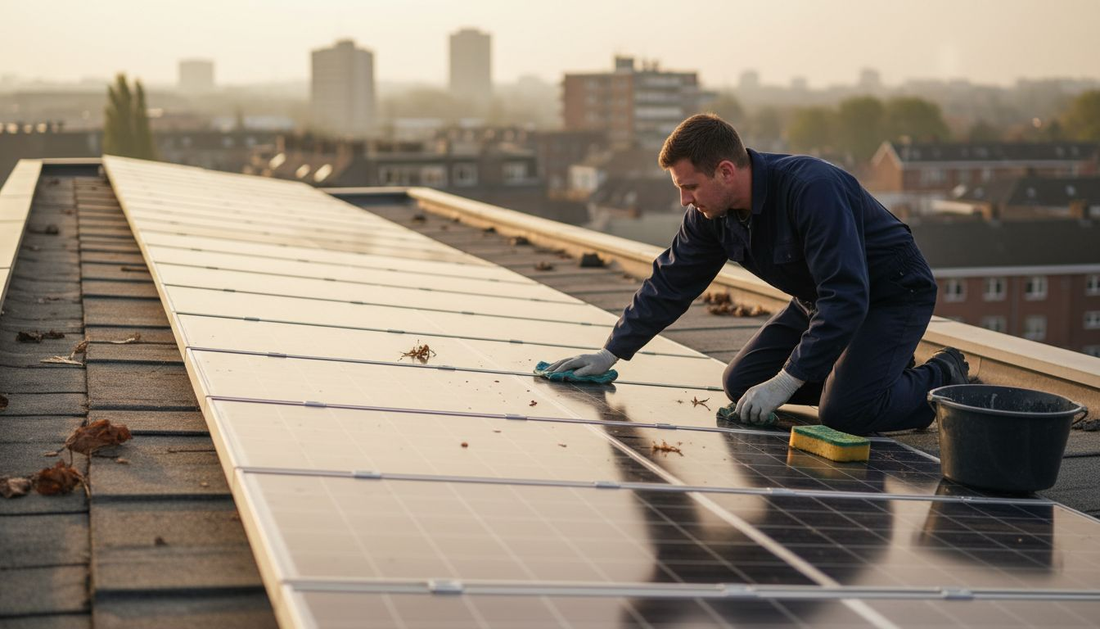 Een medewerker maakt zonnepanelen schoon op het dak terwijl de zon volop schijnt.