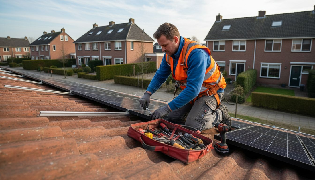 Een monteur stelt zonnepanelen bij op het dak van een woonhuis.