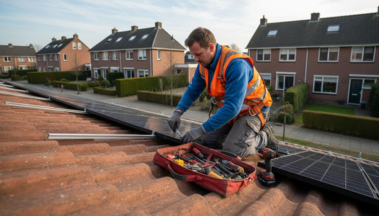 Een monteur stelt zonnepanelen bij op het dak van een woonhuis.