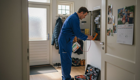 Een elektricien controleert de meterkast bij het plaatsen van een laadpaal.