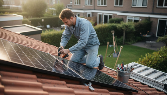 Een monteur plaatst zonnepanelen op het dak van een woning.