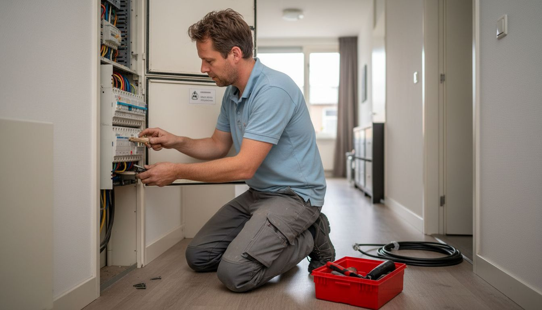 Een elektricien controleert de meterkast in huis.