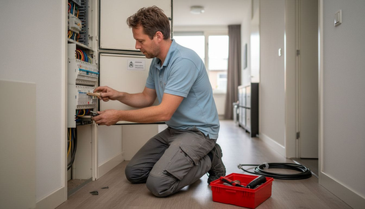 Een elektricien controleert de meterkast in huis.