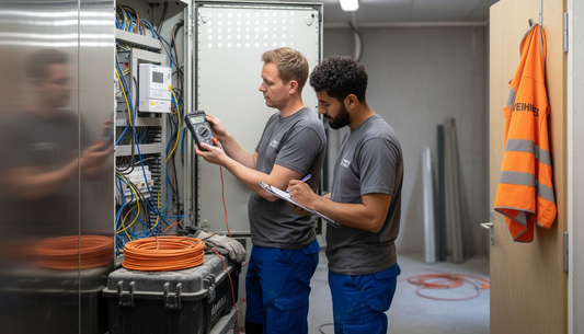 Elektriciens installeren een duurzaam schakelpaneel.