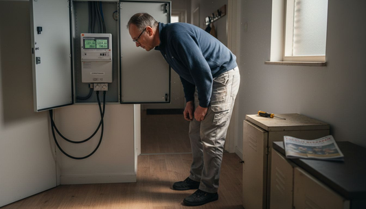 Een man bekijkt de slimme meter bij hem thuis.