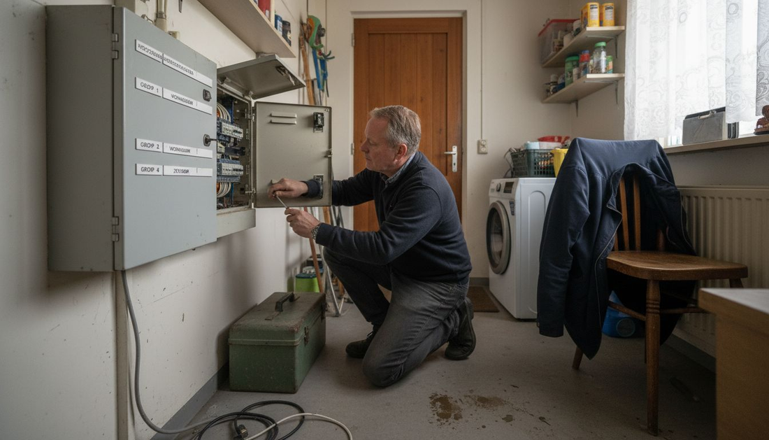 Een man bekijkt de meterkast in de bijkeuken aandachtig.