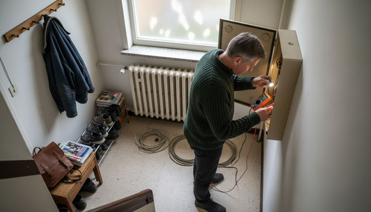 Een man inspecteert de elektrische voorzieningen in zijn huis.