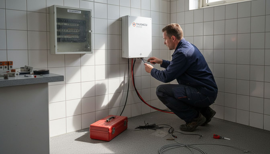 Een elektricien legt een noodstroomvoorziening aan bij mensen thuis.