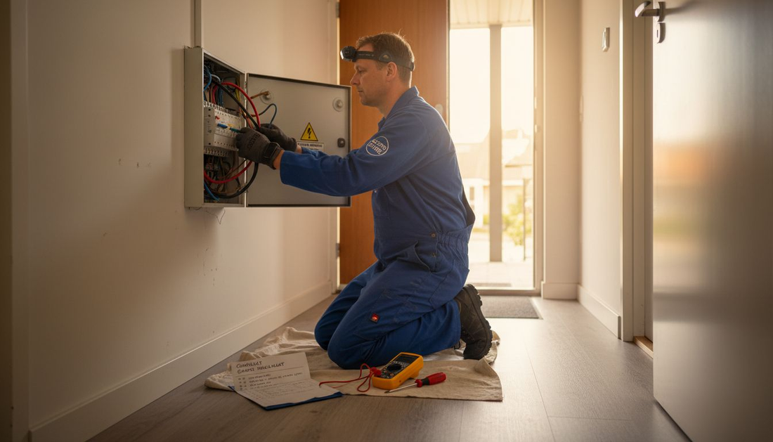 Een elektricien voert een inspectie uit aan de meterkast in huis.