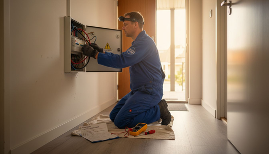 Een elektricien voert een inspectie uit aan de meterkast in huis.