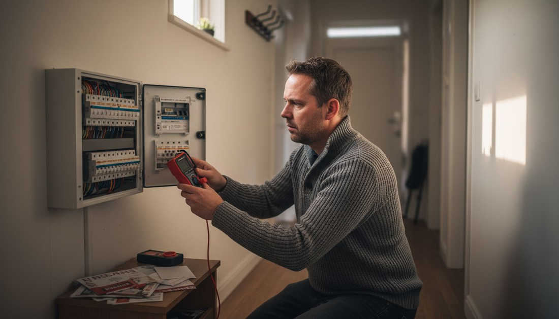 Man kijkt in de meterkast bij stroomuitval