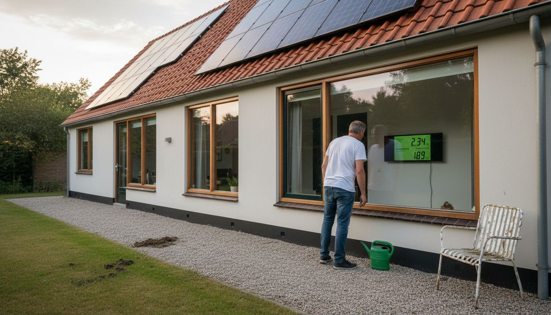 Een woningeigenaar houdt de energiemeter in de gaten terwijl de zonnepanelen op het dak volop stroom opwekken.