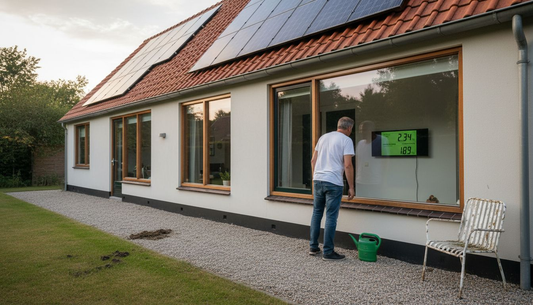 Een woningeigenaar houdt de energiemeter in de gaten terwijl de zonnepanelen op het dak volop stroom opwekken.