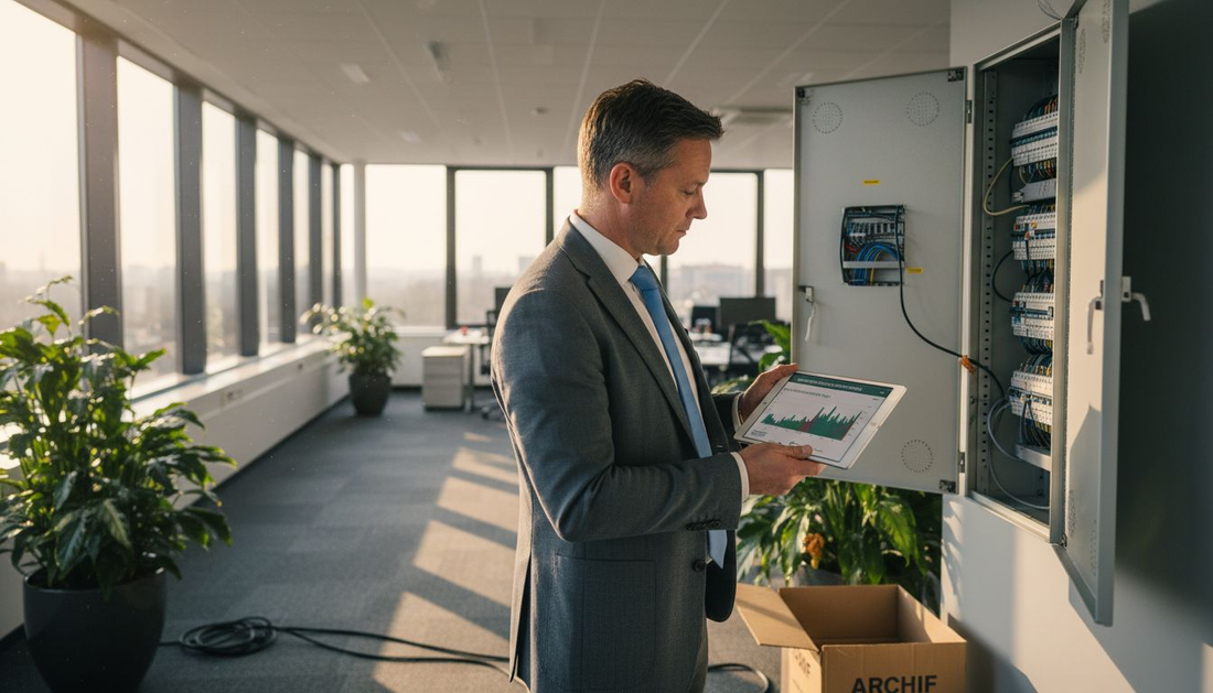 De facilitair manager buigt zich over het energieverbruik op kantoor.