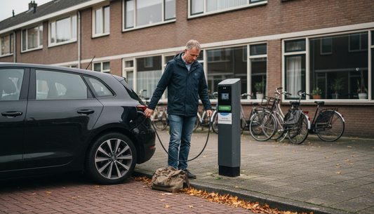 Een man sluit zijn elektrische auto aan bij een laadpaal op straat.