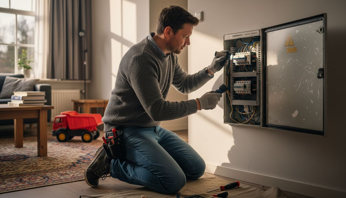 Een elektricien controleert de groepenkast in een Nederlandse woning.