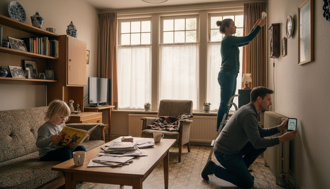 Een gezin is in de woonkamer bezig met het vervangen van lampen en controleert meteen even de thermostaat.