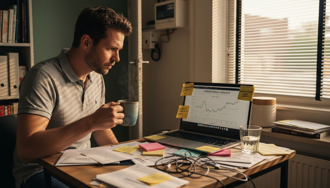 Thuis bekijkt een man zijn energieverbruik op het dashboard.