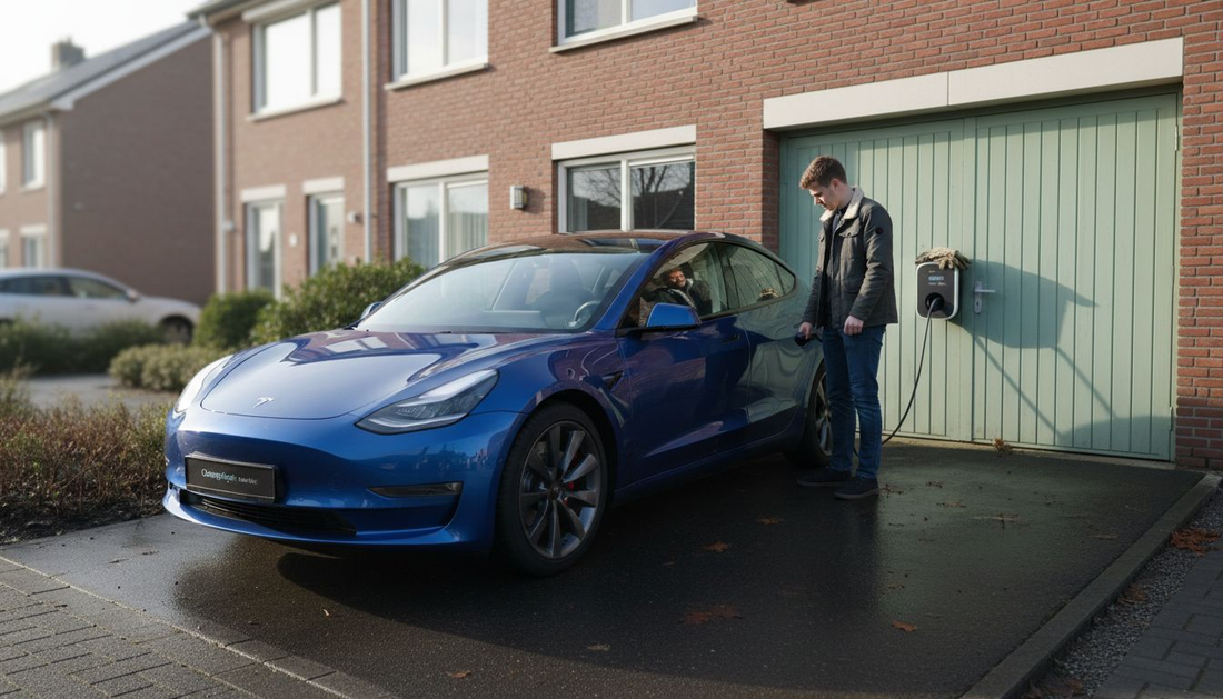 Een man sluit zijn elektrische auto thuis aan op de laadpaal.