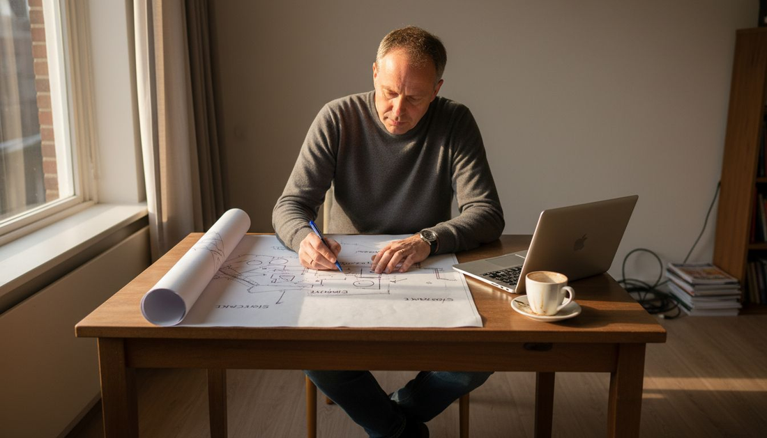 Een man zit aan de keukentafel en maakt een overzicht van de elektrische installatie.