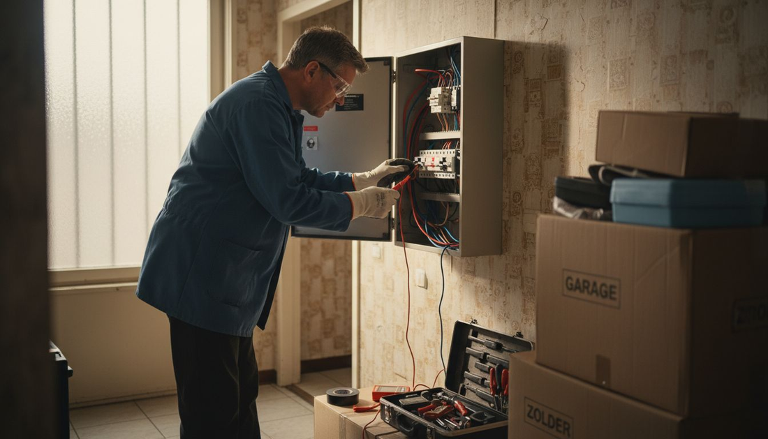 Een elektricien voert een inspectie uit aan de meterkast bij een particulier thuis.