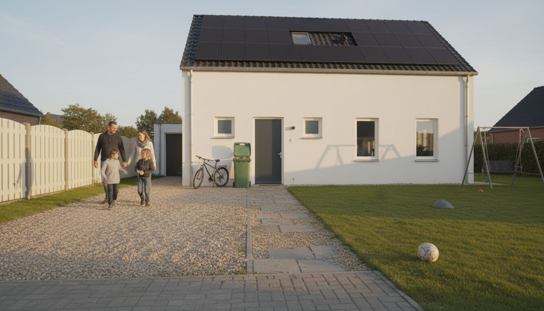 Een gezin wandelt richting hun energiezuinige huis, waar zonnepanelen op het dak liggen te schitteren.