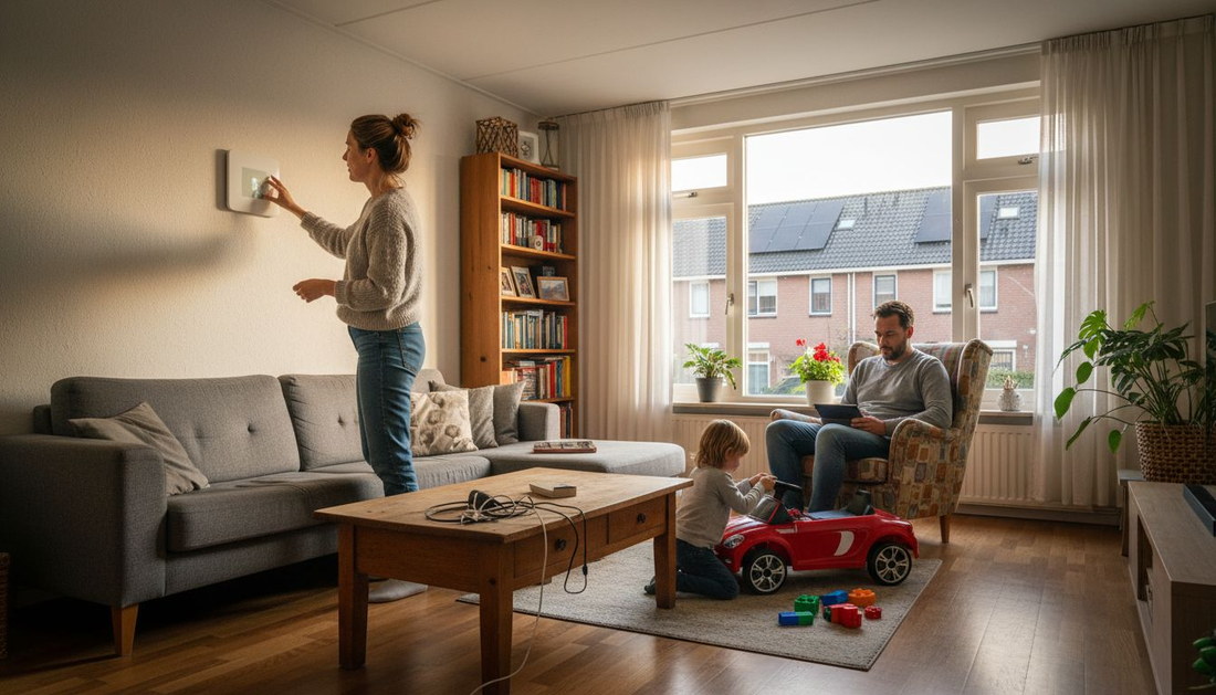 Een Nederlands gezin dat binnenshuis bewust gebruikmaakt van duurzame stroom.