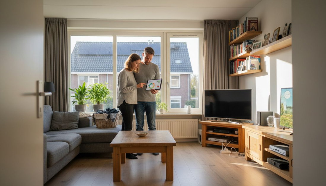 Een stel bekijkt samen hun energieverbruik in hun duurzame woning.