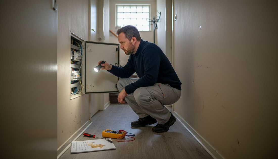 Monteur inspecteert de meterkast voorafgaand aan de plaatsing van een slimme meter