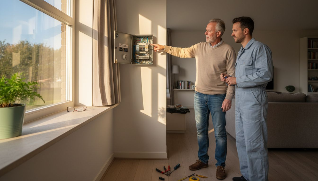 Een elektricien loopt samen met de woningeigenaar de meterkast na.