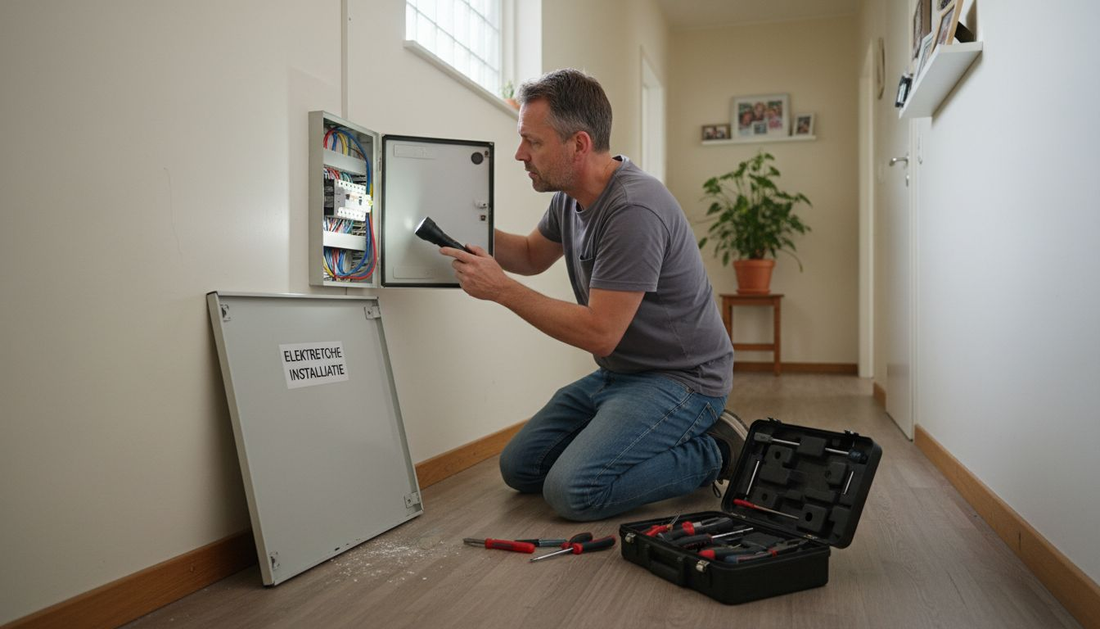 De woningeigenaar controleert de meterkast in de gang.