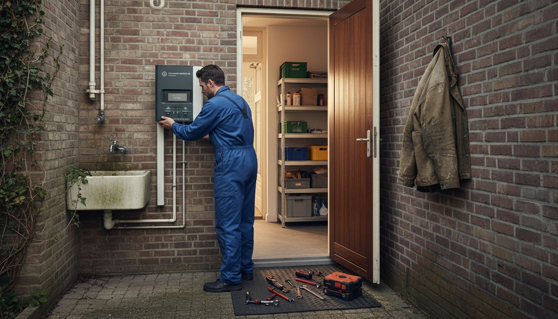 Een monteur voert een controle uit aan de warmtepomp bij mensen thuis.